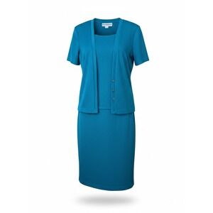 Another Thyme Vintage 2pc Skirt Suit Set Teal Blue Size 10 Made in USA Cardigan